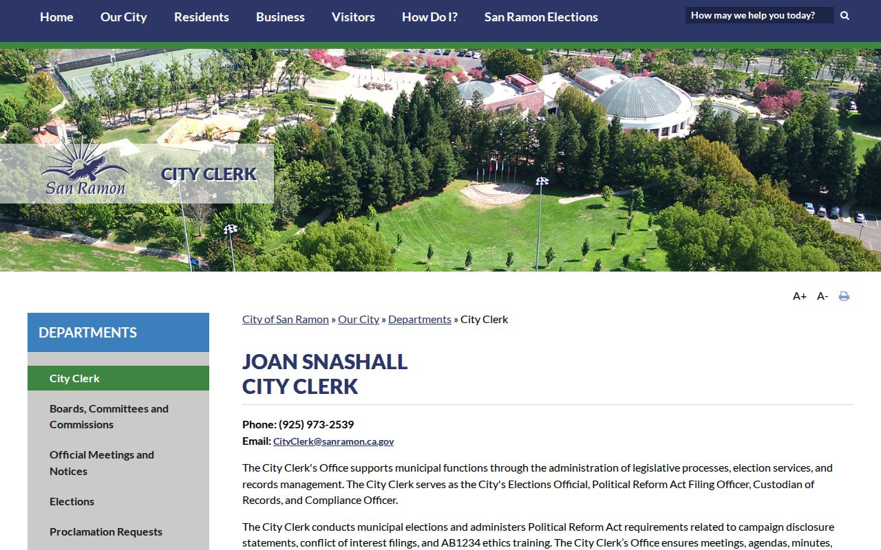 San Ramon residents directory view of City Clerk records and elections