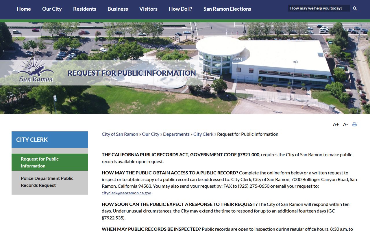 San Ramon previous residents City public records request