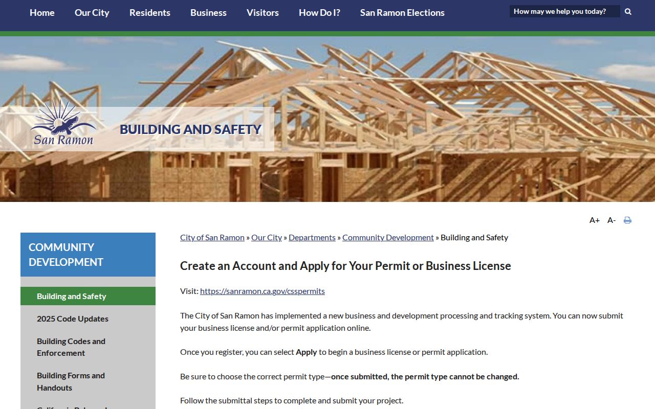 San Ramon street directory view of city building and permit services