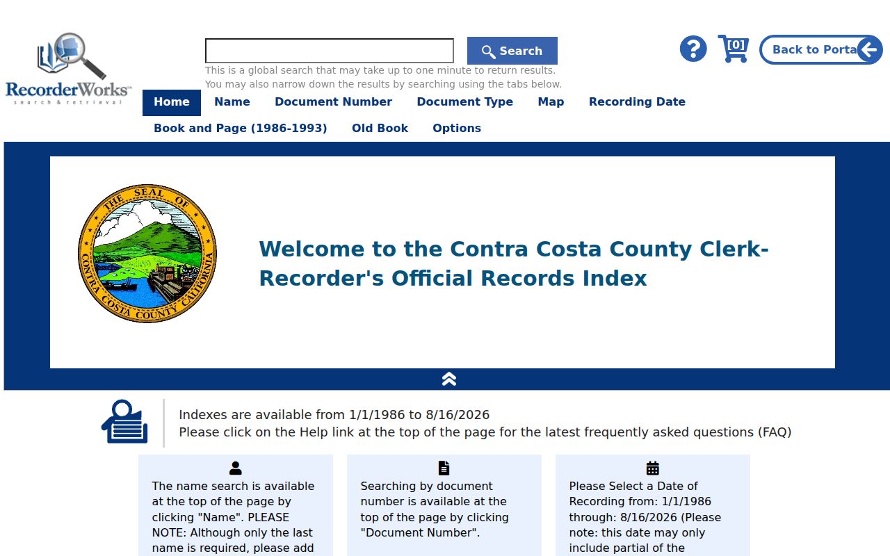 San Ramon street directory view of the Contra Costa recorded-document index